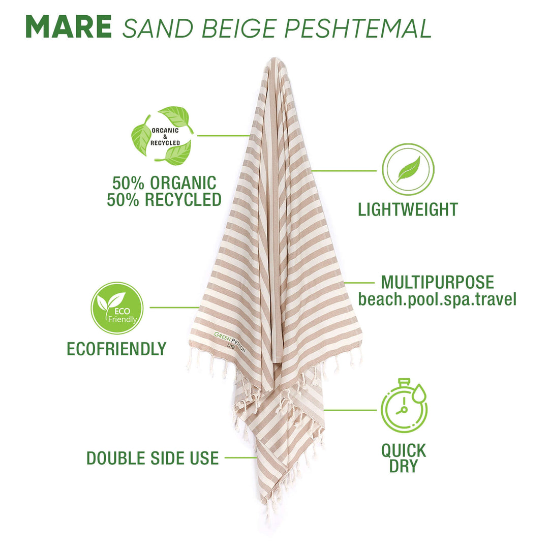 Mare Sand Beige Peshtemal towel, eco-friendly, 50% organic cotton, lightweight, quick-dry, double-sided, multipurpose use.