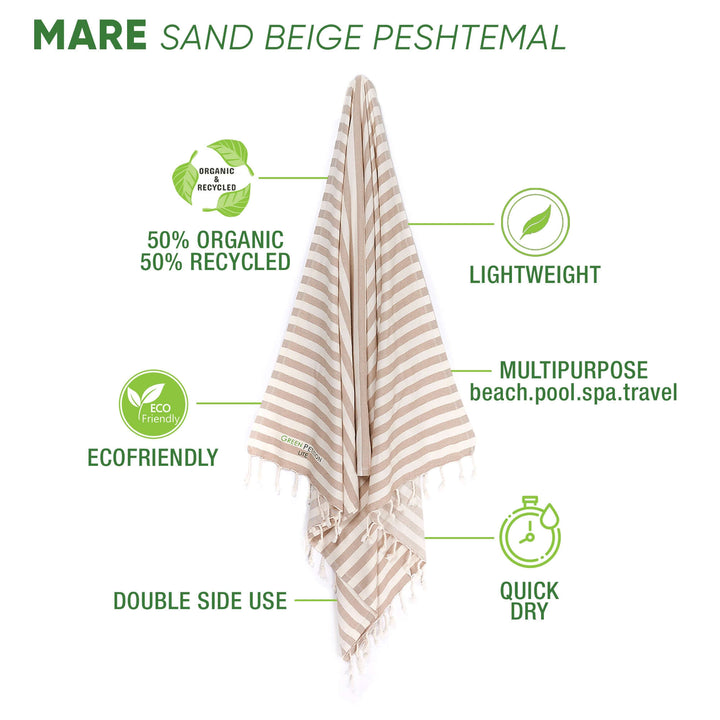 Mare Sand Beige Peshtemal towel, eco-friendly, 50% organic cotton, lightweight, quick-dry, double-sided, multipurpose use.