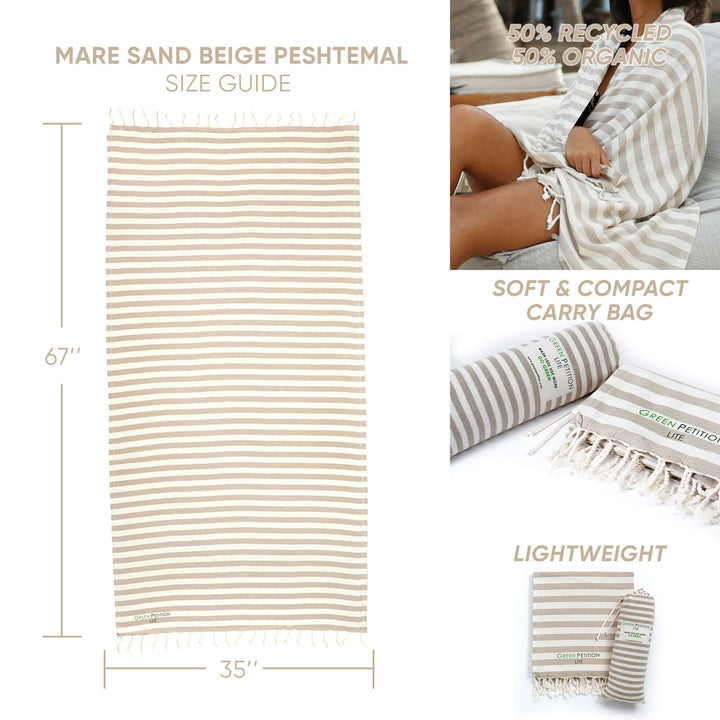 Mare Sand Beige Peshtemal towel size guide with eco-friendly features and soft, organic material.