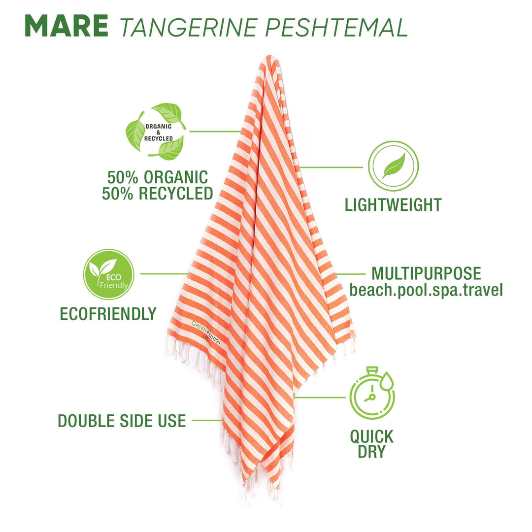 Mare Tangerine Peshtemal towel, eco-friendly, lightweight, made of 50% organic cotton and 25% recycled materials.