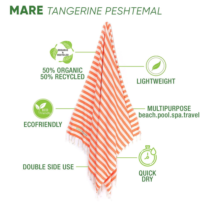Mare Tangerine Peshtemal towel, eco-friendly, lightweight, made of 50% organic cotton and 25% recycled materials.