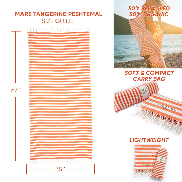 Mare Tangerine Peshtemal size guide showcasing eco-friendly towel with striped design, soft fabric, and compact carry bag.