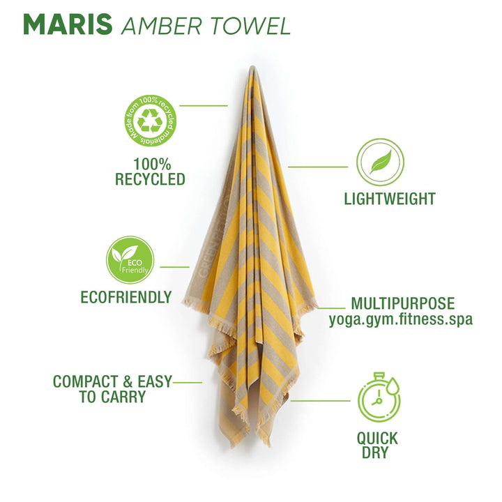 Maris Amber Beach Towel showcasing eco-friendly, lightweight, compact design with features for gym, yoga, and spa use.