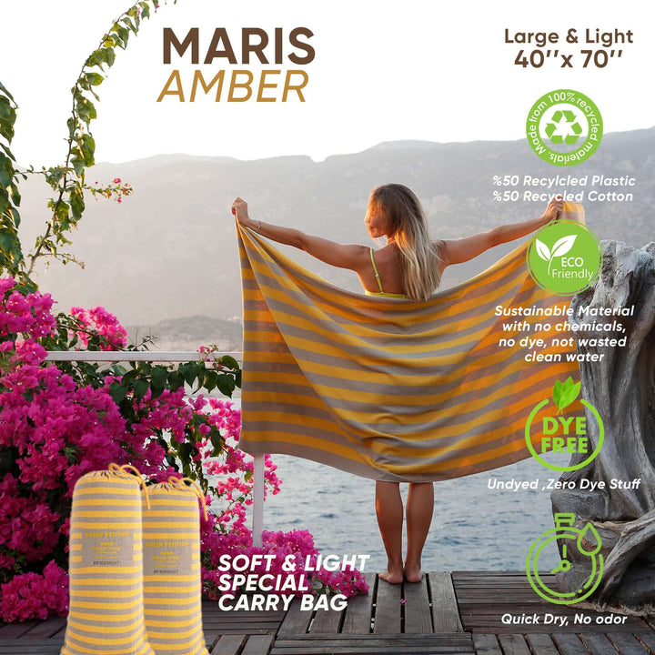 Maris Amber Beach Towel, large 40"x70", eco-friendly sustainable design, striped pattern, lightweight, soft, quick-dry.