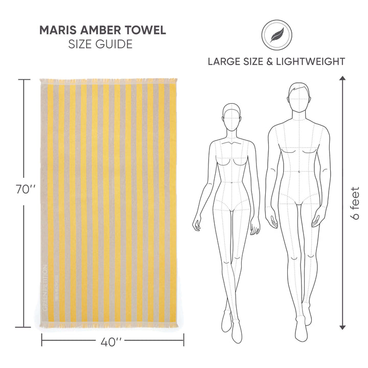Maris Amber Beach Towel size guide showing large, lightweight, striped design dimensions of 70x40 inches.
