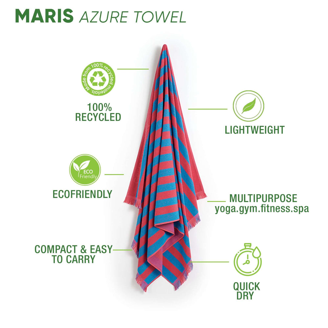 Maris Azure Beach Towel features sustainable stripes, lightweight design, and quick-dry fabric for eco-friendly comfort.