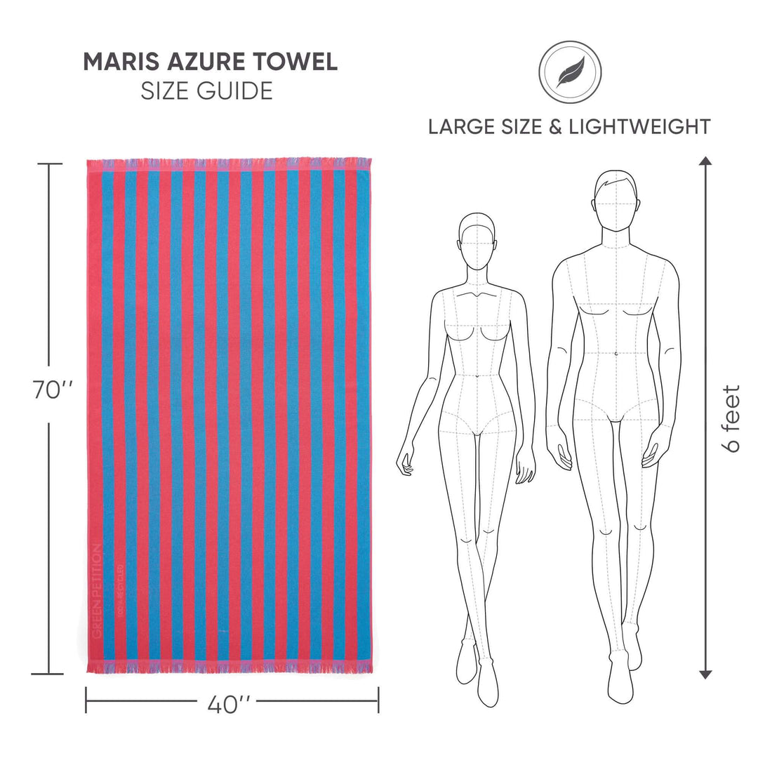 Maris Azure Beach Towel size guide with dimensions showing lightweight design and classic stripe pattern.