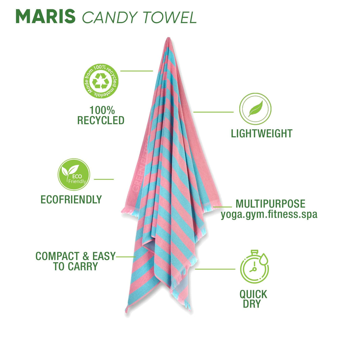 Maris Candy Beach Towel in pink and teal stripes, eco-friendly, lightweight, quick-dry, perfect for yoga and spa activities.