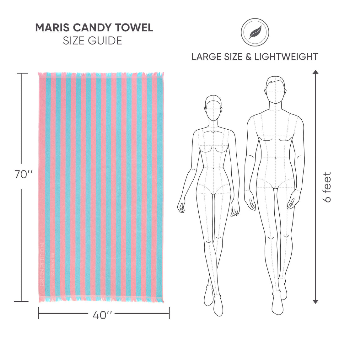 Size guide for Maris Candy Beach Towel, showcasing large size and lightweight design with classic stripes.