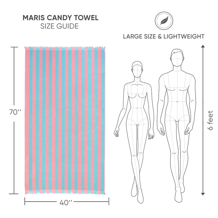 Size guide for Maris Candy Beach Towel, showcasing large size and lightweight design with classic stripes.