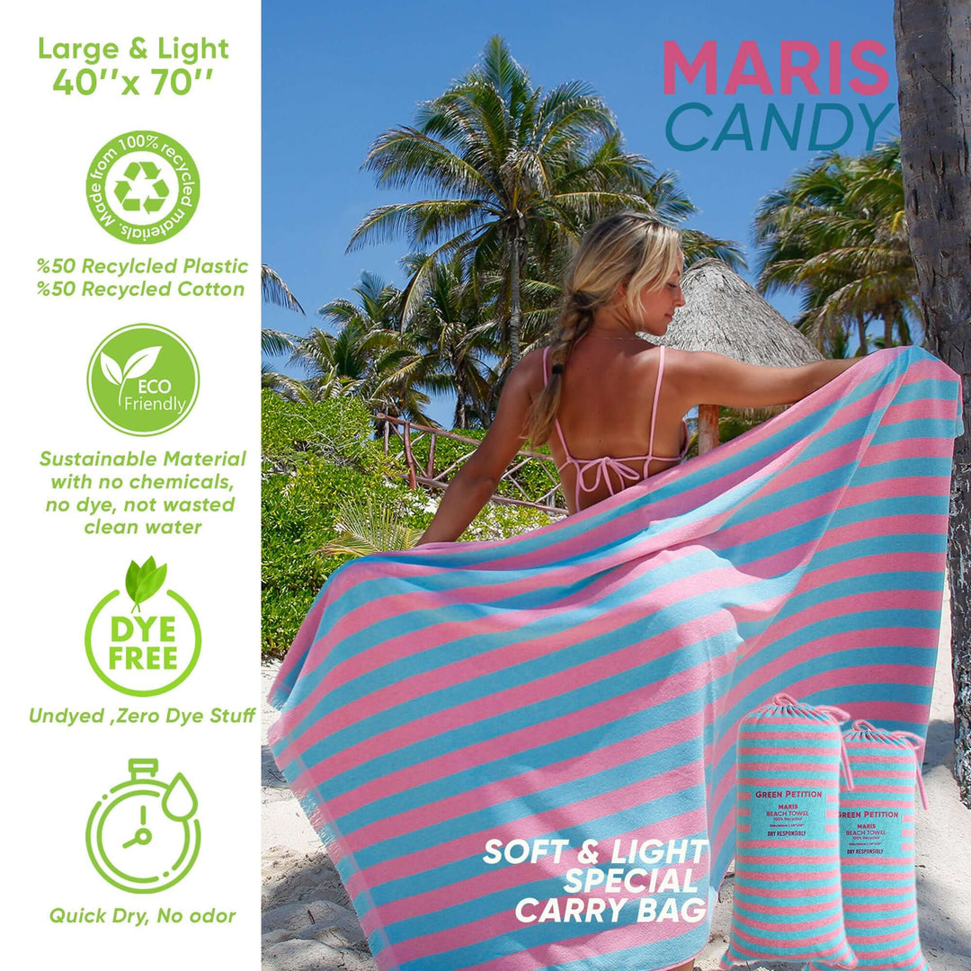 Maris Candy Beach Towel featuring striped design, eco-friendly materials, and a lightweight carry bag.
