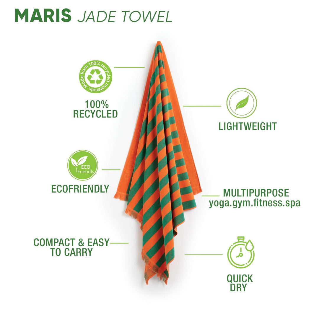 Maris Jade Beach Towel showing lightweight, eco-friendly, quick-dry features with classic striped design.
