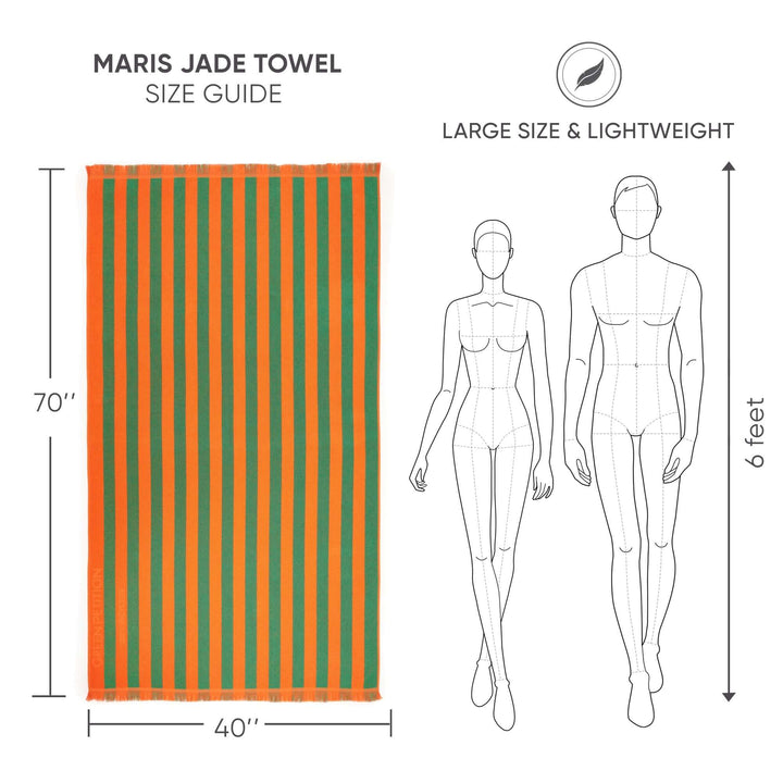 Size guide for Maris Jade Beach Towel showing large, lightweight design with green and orange stripes.