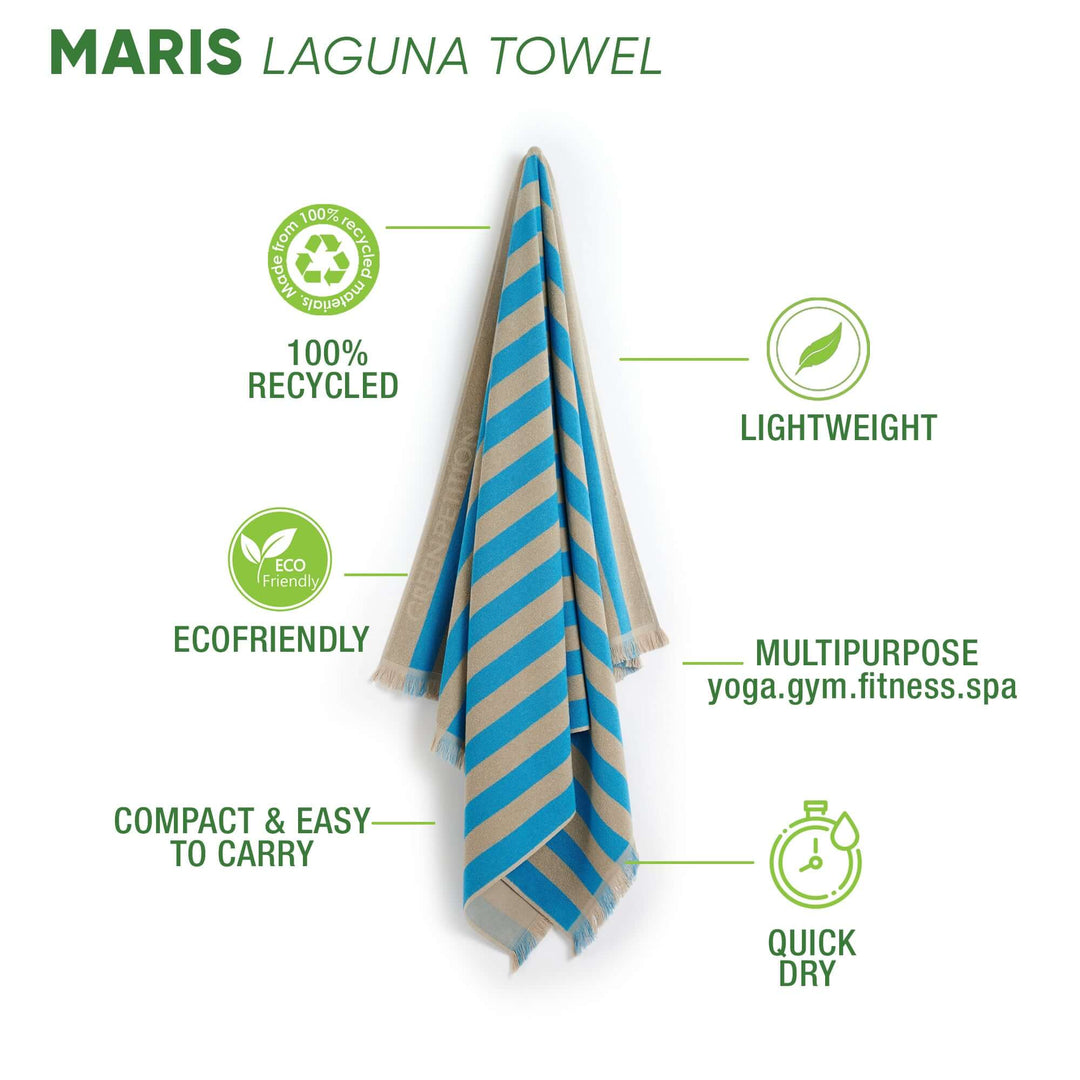 Maris Laguna Beach Towel features lightweight, eco-friendly, quick-dry material made from 100% recycled resources in classic stripes.