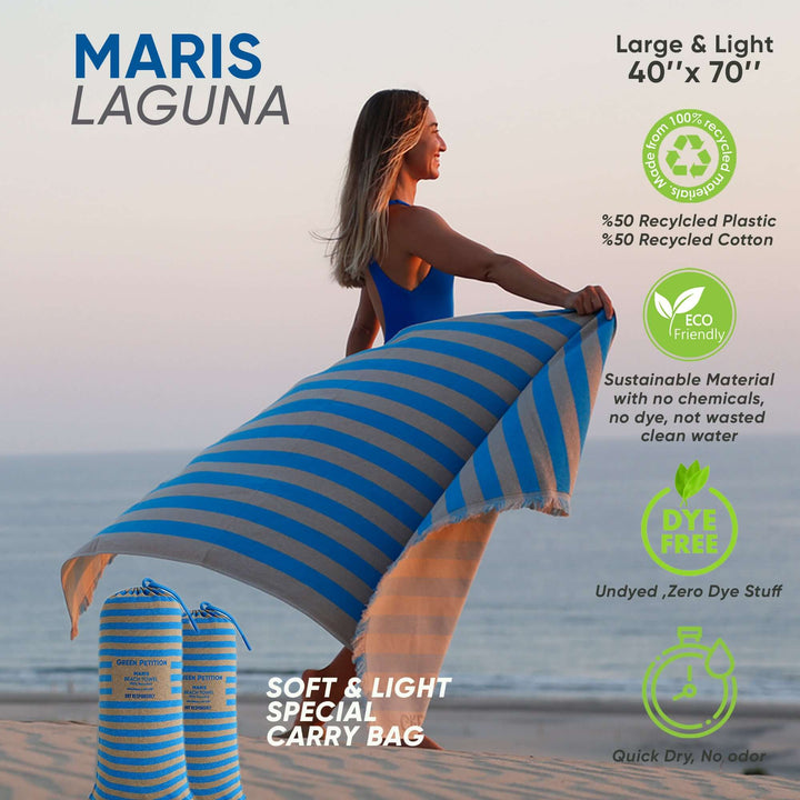 Maris Laguna Beach Towel featuring sustainable materials, iconic stripes, and light carry bag, perfect for eco-friendly living.