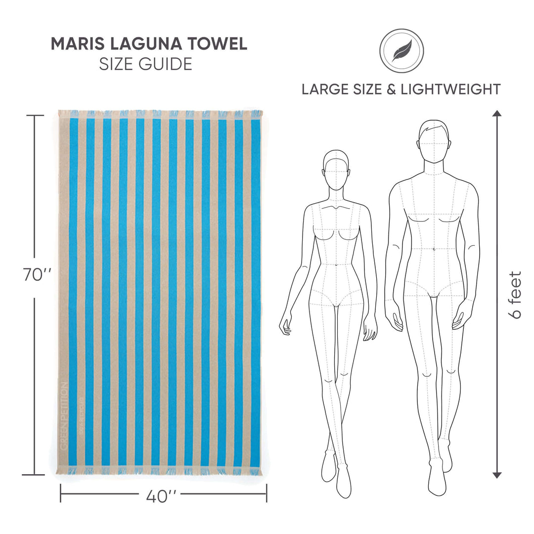 Size guide for Maris Laguna Beach Towel showcasing its large dimensions and lightweight design with iconic striped pattern.