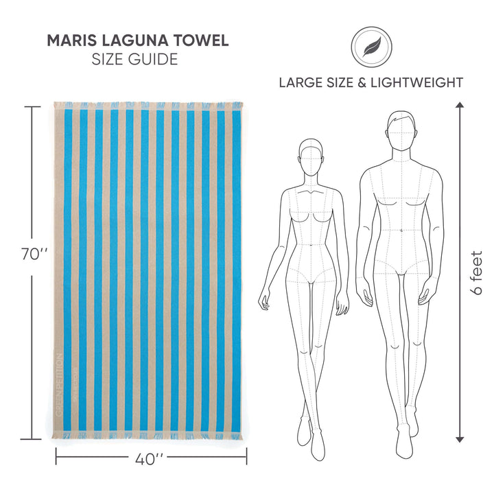 Size guide for Maris Laguna Beach Towel showcasing its large dimensions and lightweight design with iconic striped pattern.
