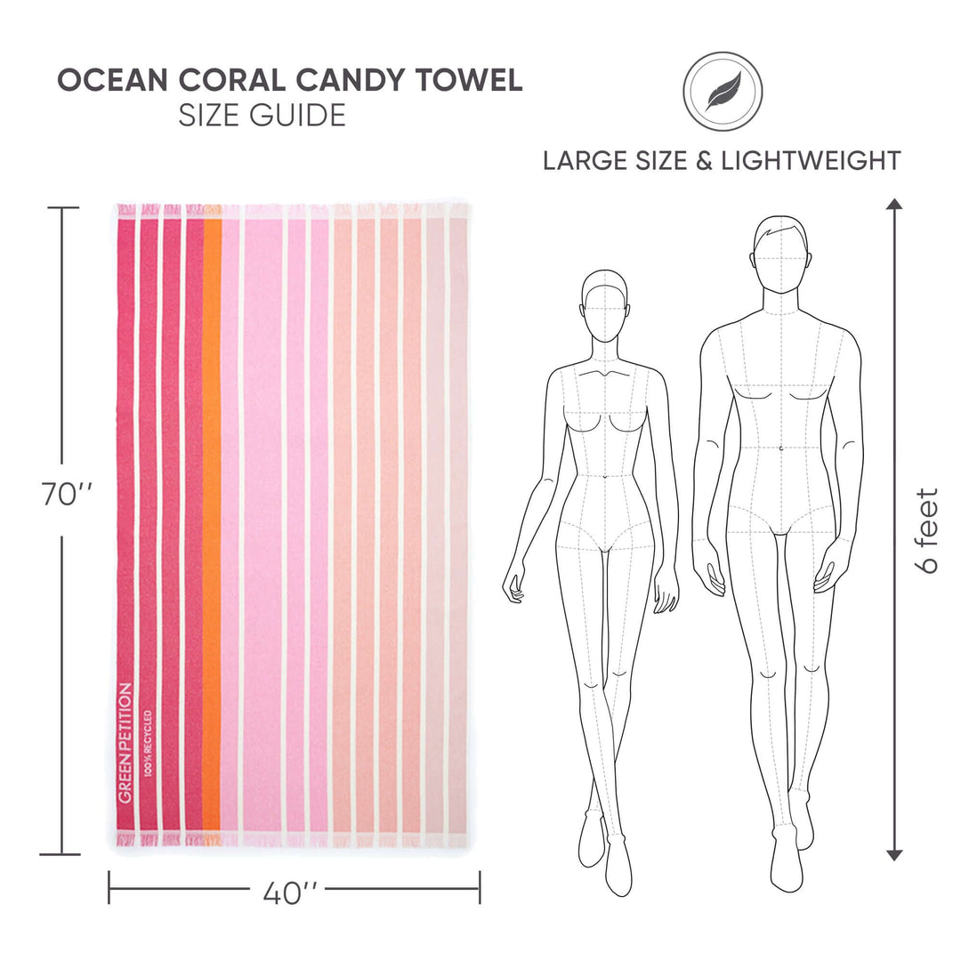 Ocean Coral Candy Beach Towel size guide, showing dimensions 70" x 40" with models for scale.