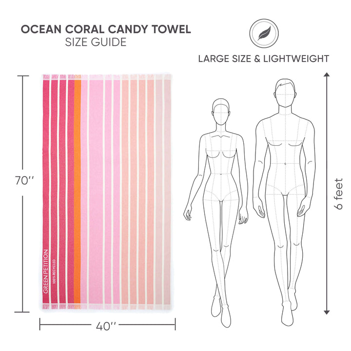 Ocean Coral Candy Beach Towel size guide, showing dimensions 70" x 40" with models for scale.