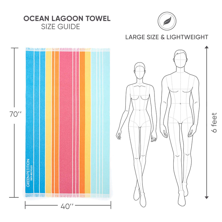 Ocean Lagoon Aqua Beach Towel size guide with dimensions, designed for eco-friendly and lightweight use.