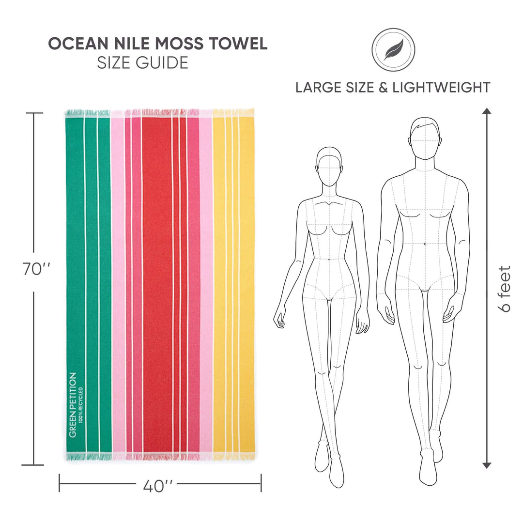Ocean Nile Moss Towel size guide showcasing large dimensions of 70"x40" with vibrant colors and lightweight design.