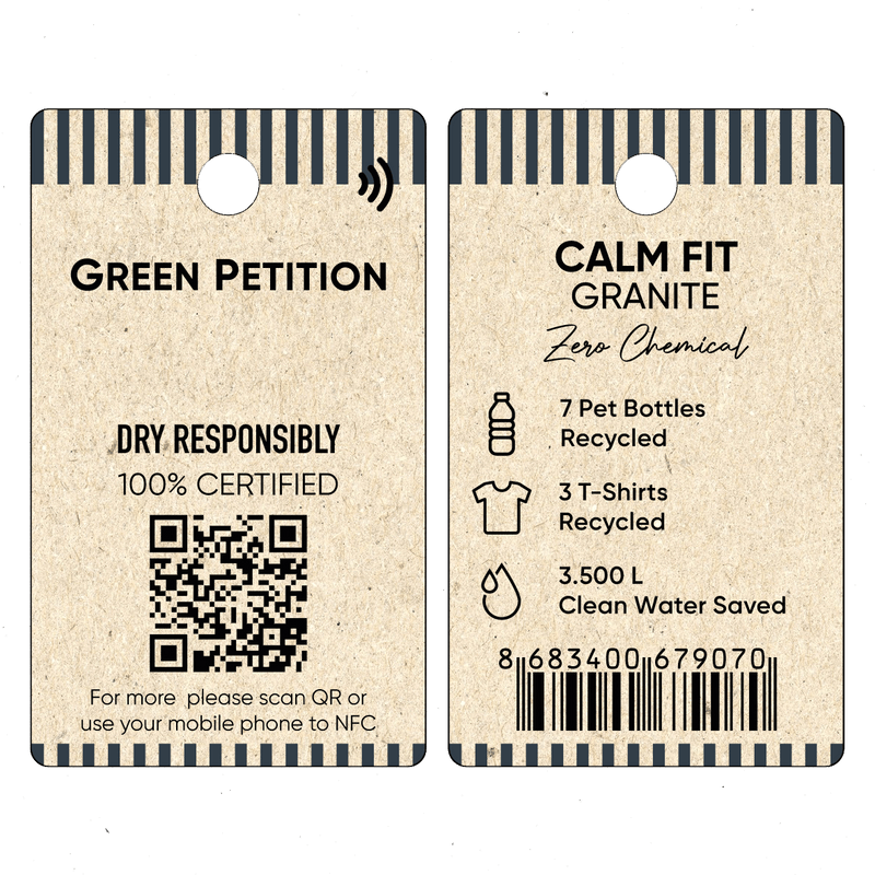 Eco-friendly tag showcasing Green Petition with recycling details and QR code for sustainable fashion.