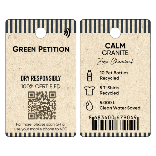 Sustainable product tag showcasing recycled materials and water conservation initiatives.