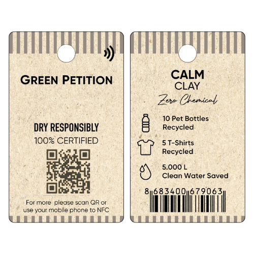Eco-friendly product tags detailing recycling efforts and sustainability for Calm Clay and Green Petition.