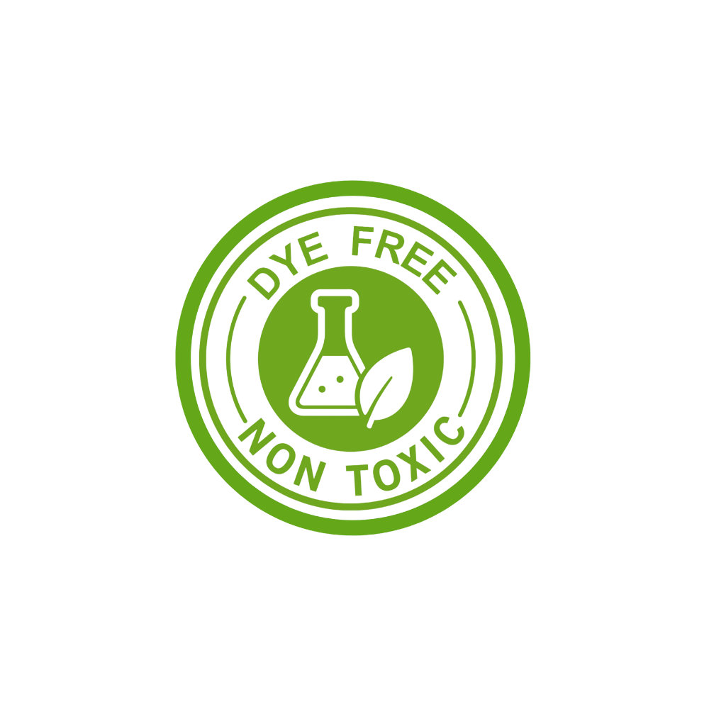 Green logo with 'Dye Free Non Toxic' text and a beaker icon on a white background