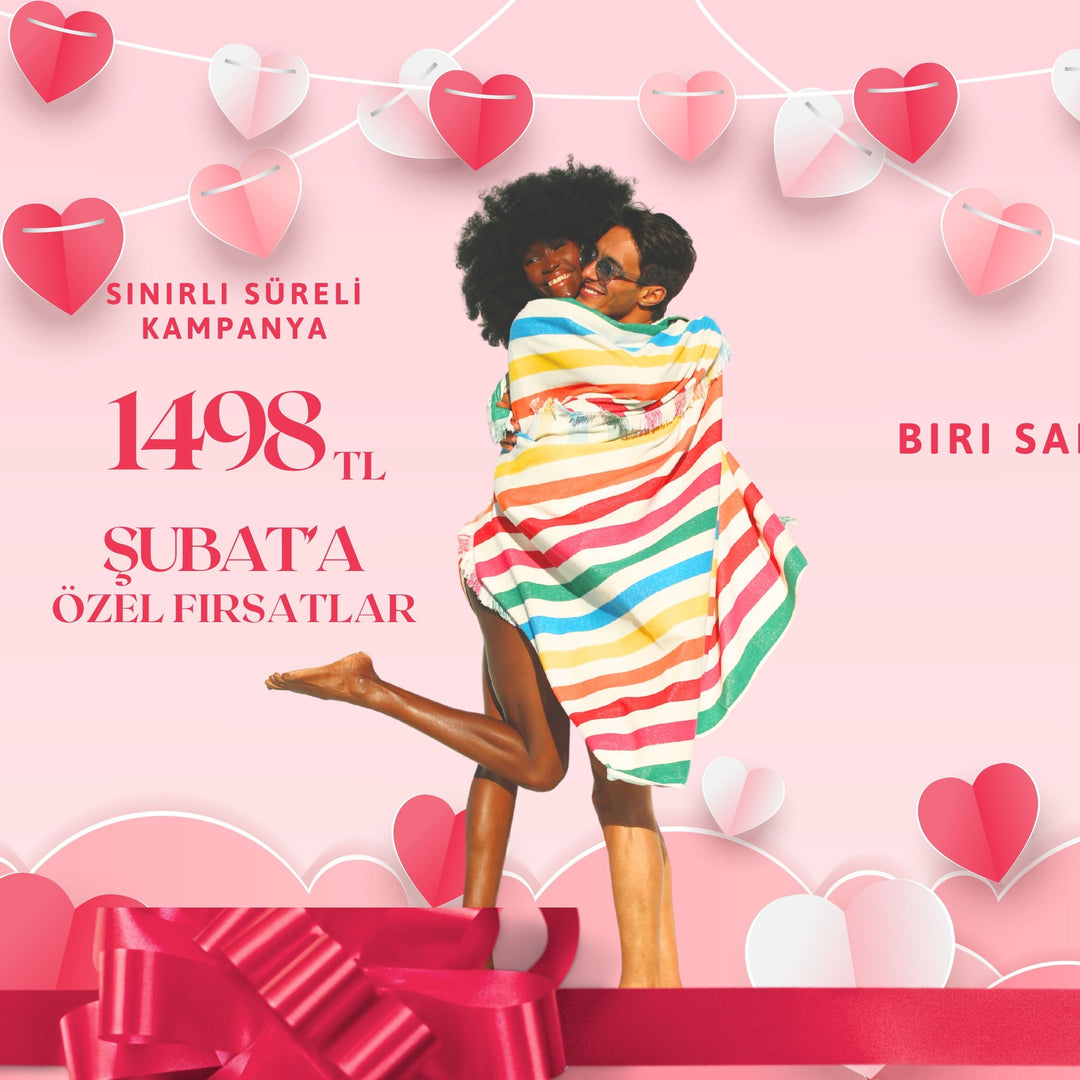 Promotional poster with two people embracing, surrounded by heart shapes and text on a pink background. The have Green Petition Viva , multi color 100% Recycled Beach Towels
