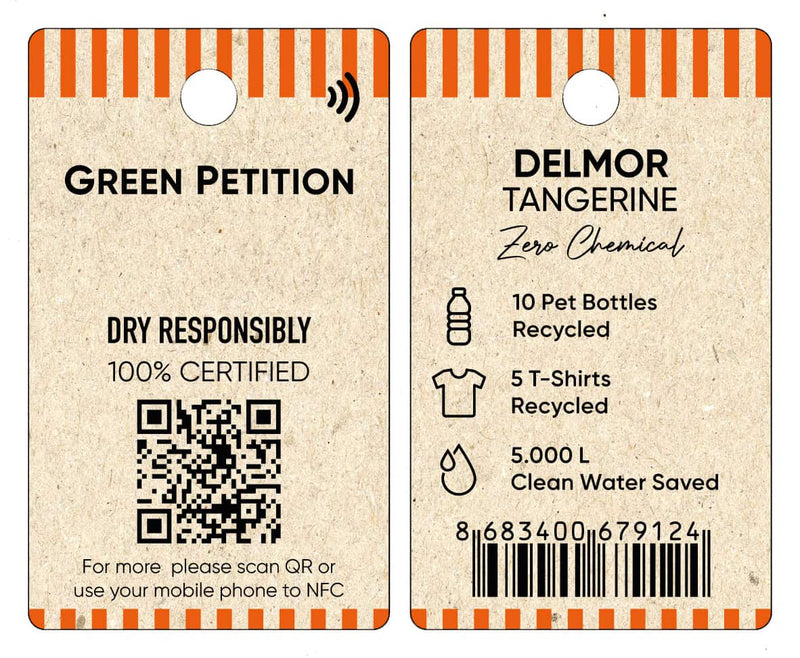 Eco-friendly label for Delmor Tangerine, detailing recycling and water conservation efforts.