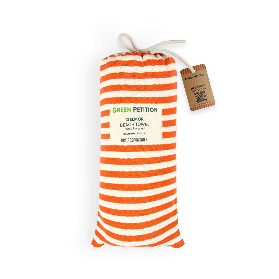 Orange and white striped a Green Petition DELMOR beach towel bag with a Green Petition label on a white background. Attached a QR tag for traceability.