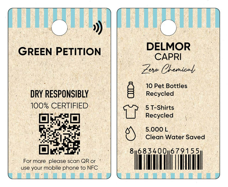 Sustainable clothing tag showing recycling stats for Delmor Capri featuring a QR code and eco-friendly information.
