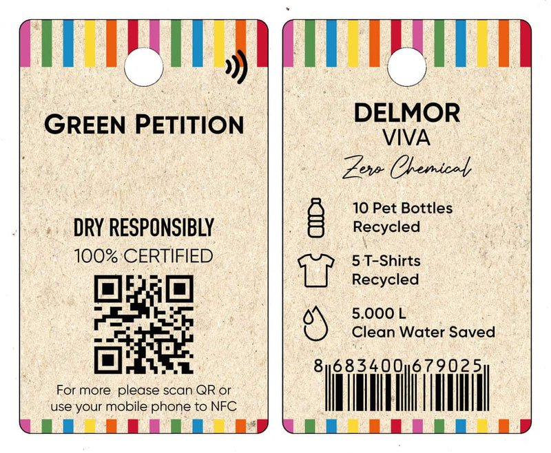 Eco-friendly product tags detailing recycled materials and sustainability efforts, including QR code for more information.
