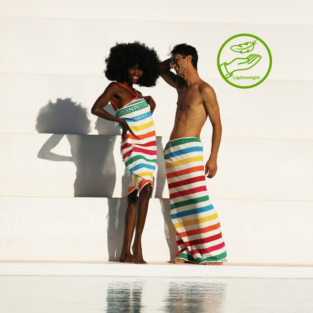 Two people wearing colorful striped towels on a white background with a 'Lightweight' icon.
