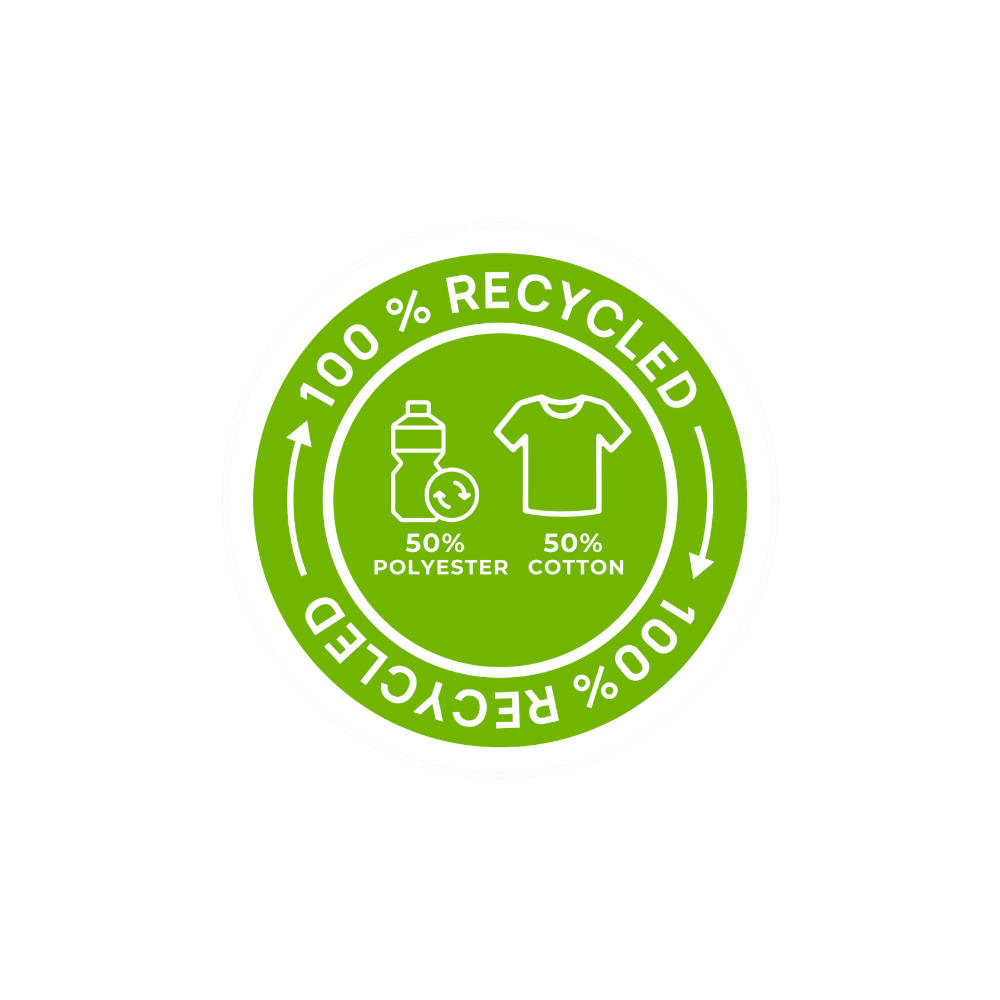 Green circular label indicating 100% recycled content with polyester and cotton icons.