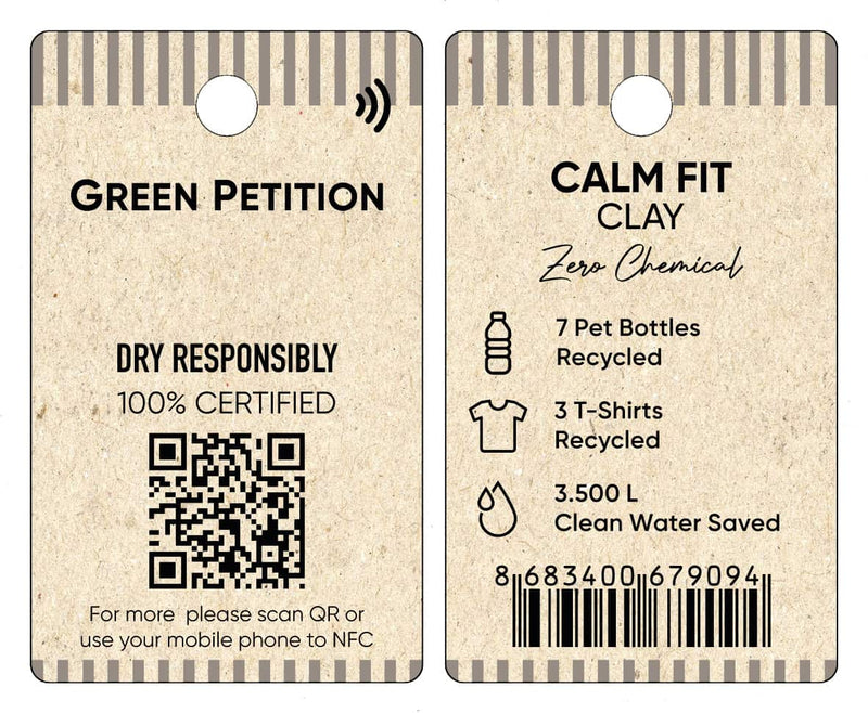 Sustainable clothing tag showcasing eco-friendly materials and certifications, including QR code for more info.