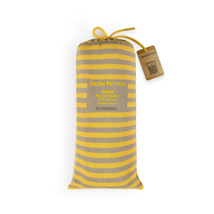 Yellow and gray striped product with a tag on a white background Striped pouch with 'Green Petition' branding on a white 