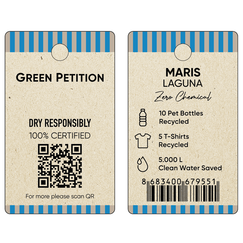 Eco-friendly product tag showing recycling details, QR code, and water conservation statistics.