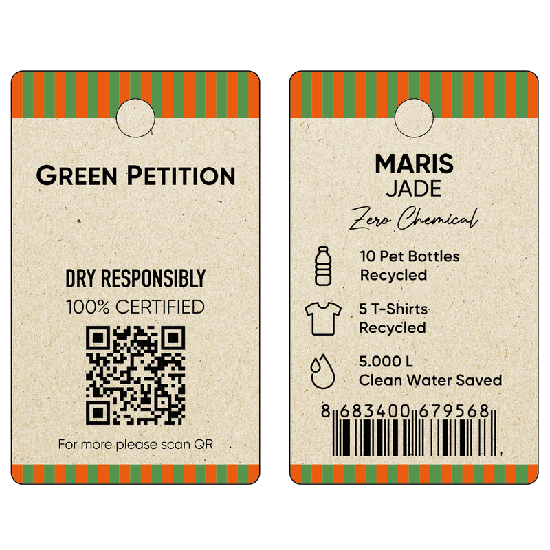 Recycled materials tags for Green Petition by Maris Jade, featuring QR code and sustainability stats.