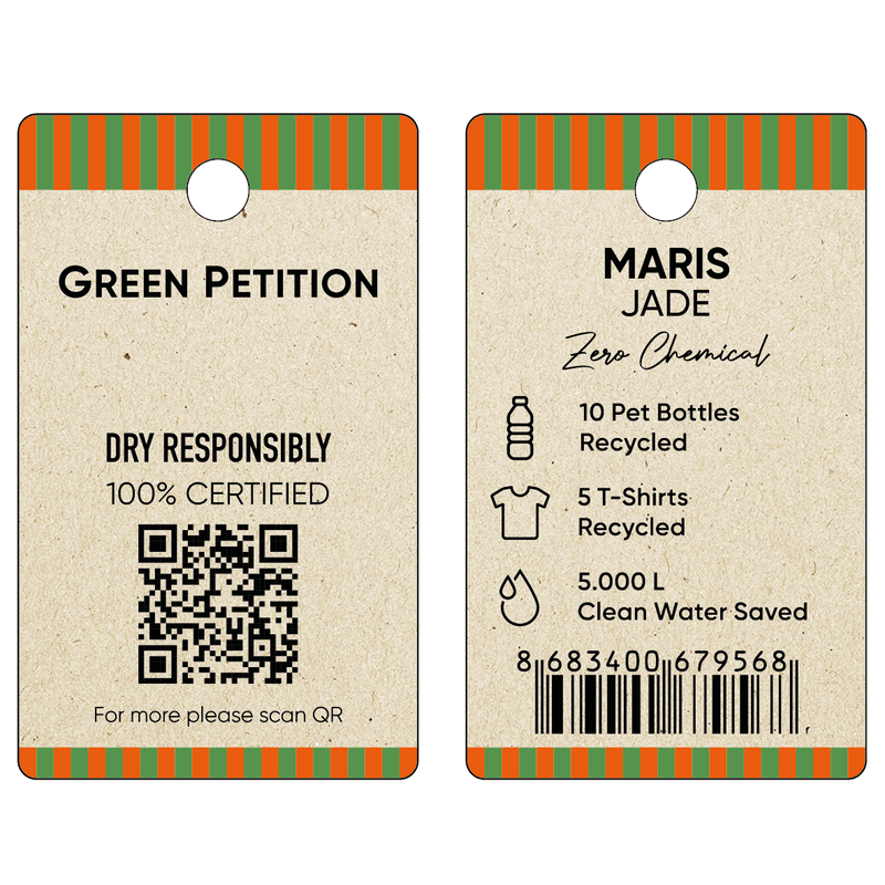 Eco-friendly label showing recycling stats: 10 PET bottles, 5 T-shirts, and 5,000 L clean water saved.