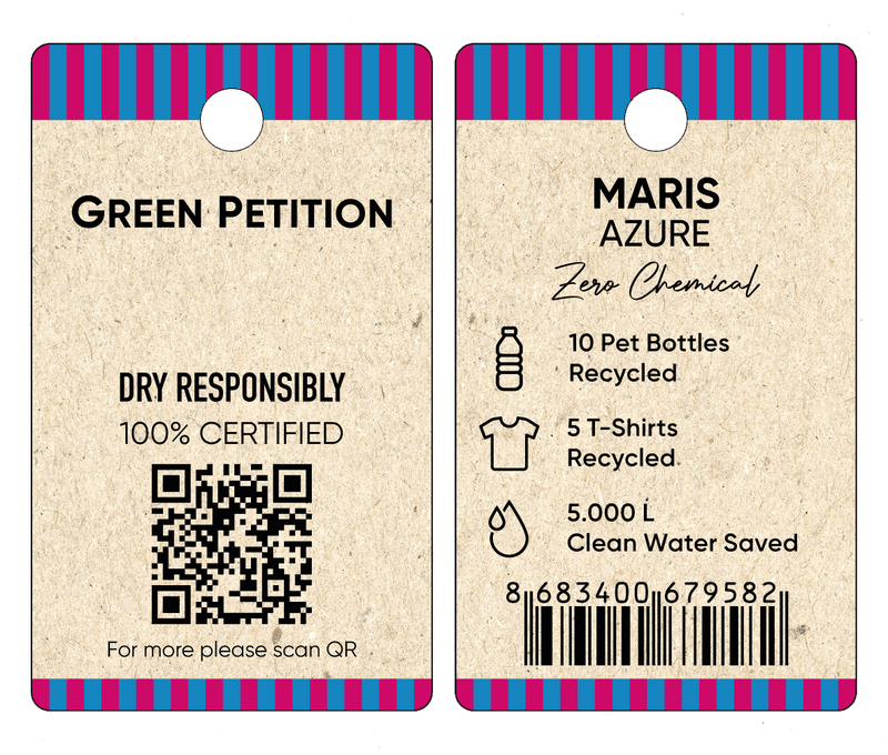 Eco-friendly product tag showing recycled materials and sustainable practices, QR code for more info.
