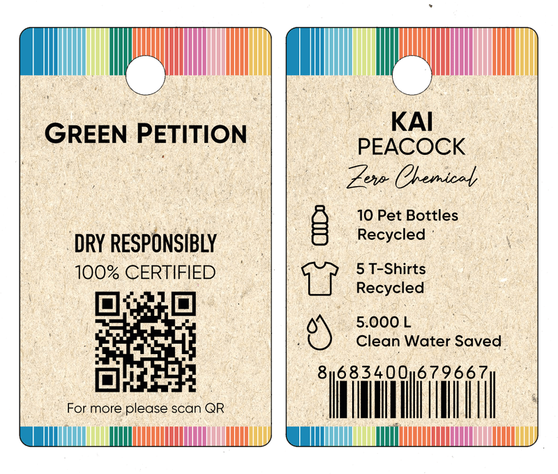 Eco-friendly product tag showcasing recycling stats: 10 PET bottles, 5 t-shirts, and 5,000L clean water saved.