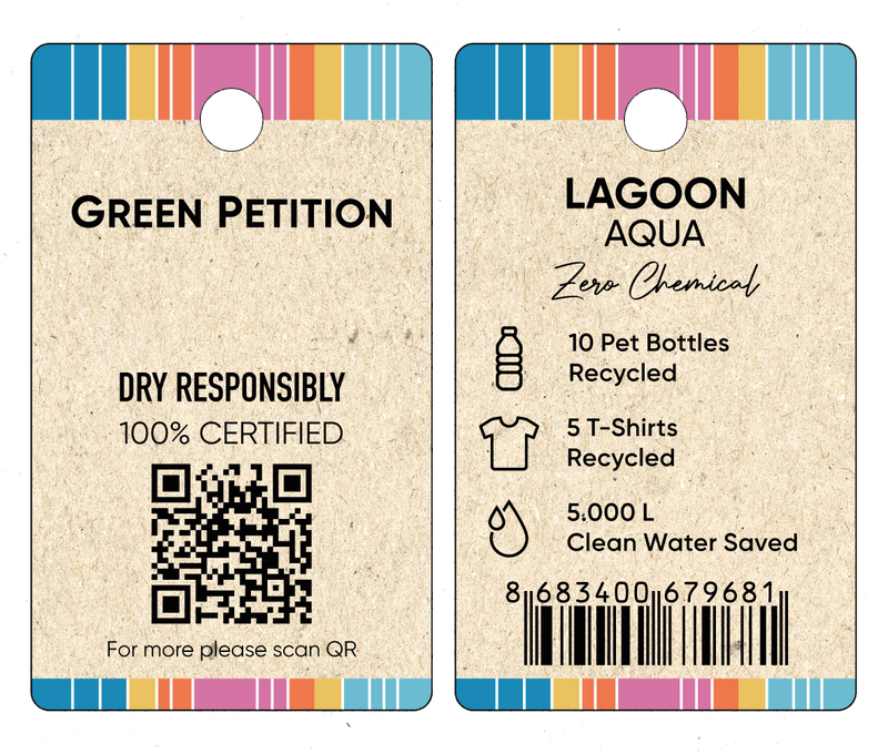 Eco-friendly product tag showcasing recycled materials and water conservation details.