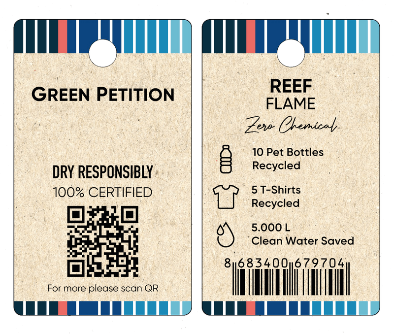 Eco-friendly product tags featuring recycling information and certification details for sustainable apparel.