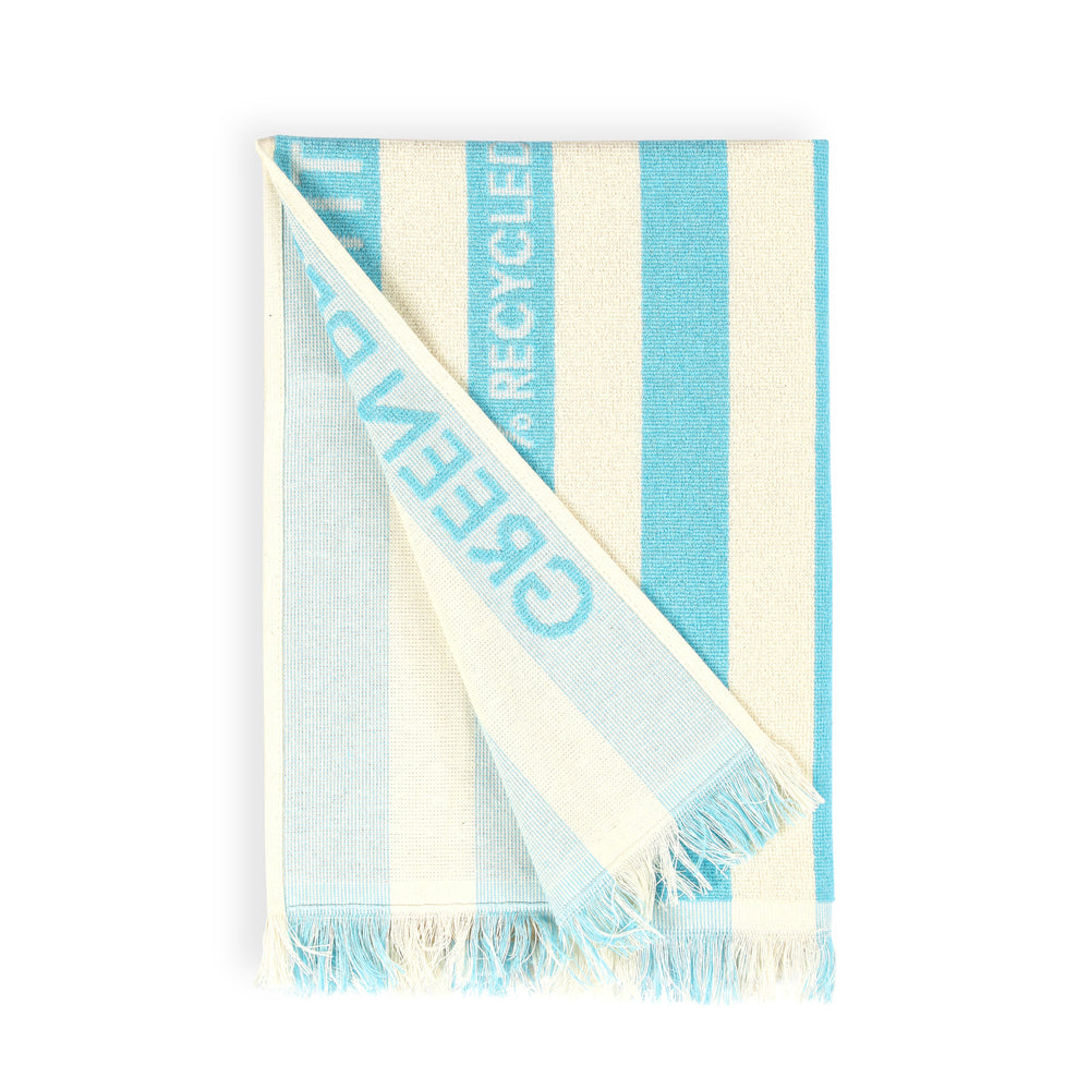 Blue and white striped towel with 'Green Petition' text on a white background