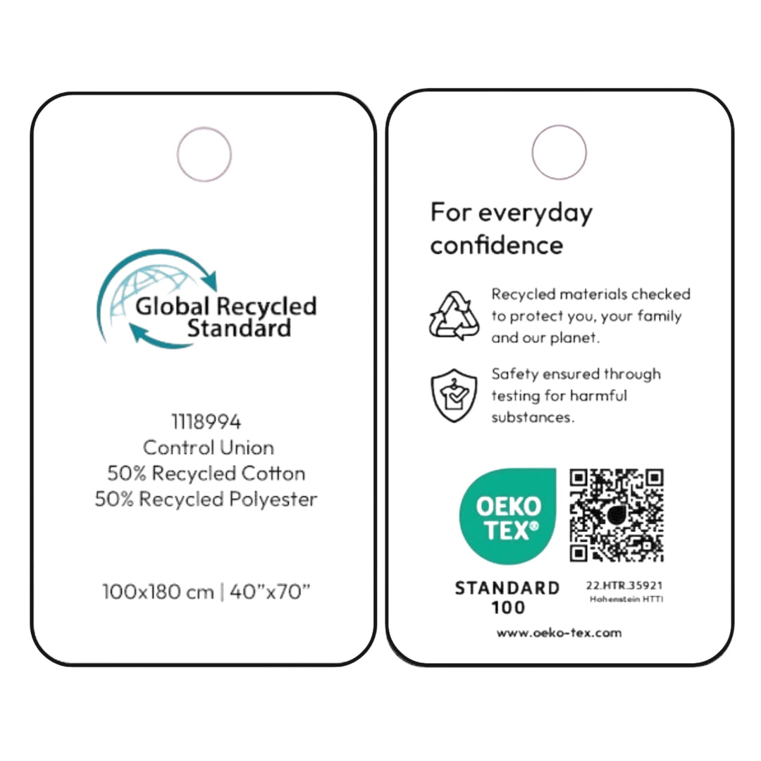 Two white textile care labels with black outlines, showing the front and back of a Global Recycled Standard certification label. The front shows the Global Recycled Standard logo and product details, while the back displays eco-texture certification information, a QR code, and the OEKO-TEX Standard 100 logo.