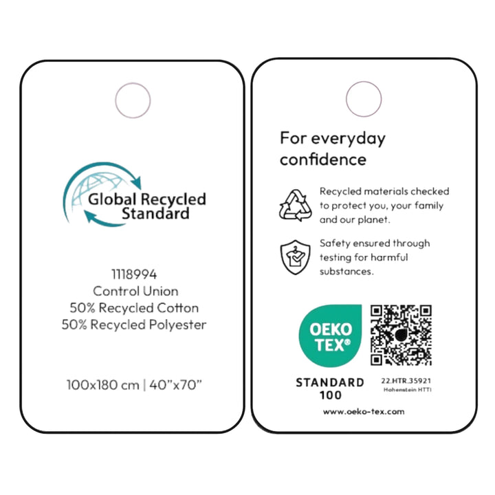 Two white textile care labels with black outlines, showing the front and back of a Global Recycled Standard certification label. The front shows the Global Recycled Standard logo and product details, while the back displays eco-texture certification information, a QR code, and the OEKO-TEX Standard 100 logo.