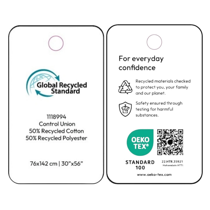 Front and back views of a square textile care label with a hanging hole, showing Global Recycled Standard and OEKO-TEX certification details on a white background.