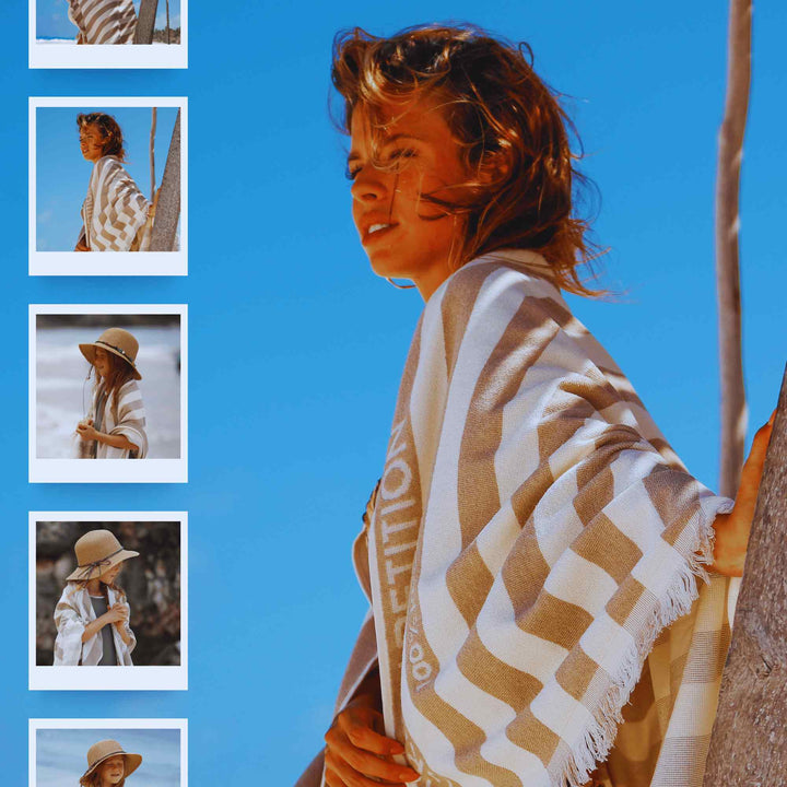 Woman wrapped in a patterned Green Petition Delmor FIT Sand Beige towel with small inset images on a blue background